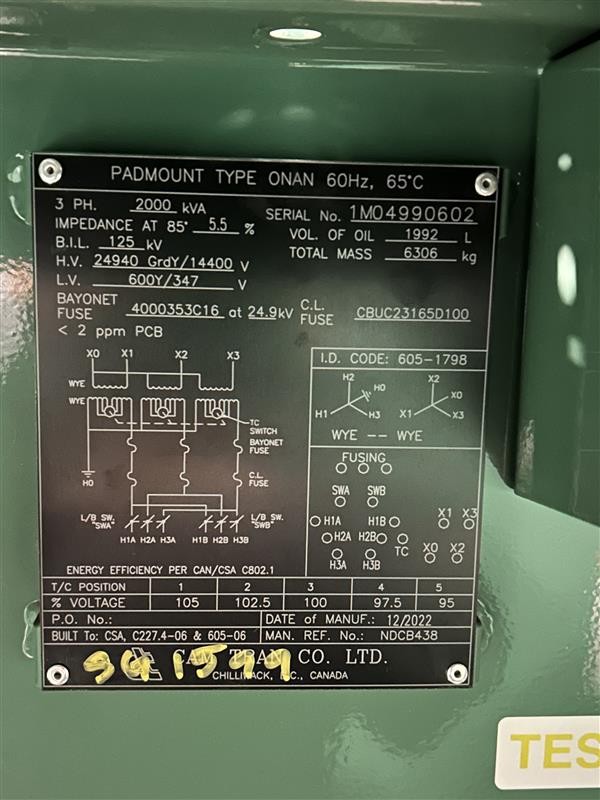 2000 KVA 24940Y Primary, 600Y Secondary, Surplec Transformer - Image 3