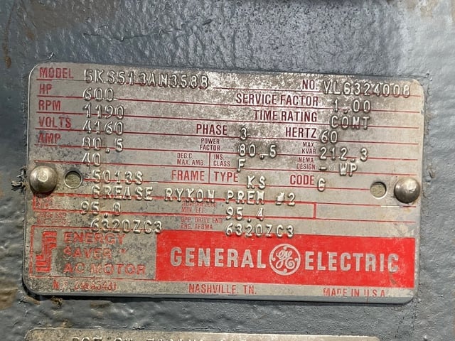 600 HP 1200 RPM General Electric, Frame 5013S, Drip-Proof Ball Bearing, 4160 Volts - Image 3