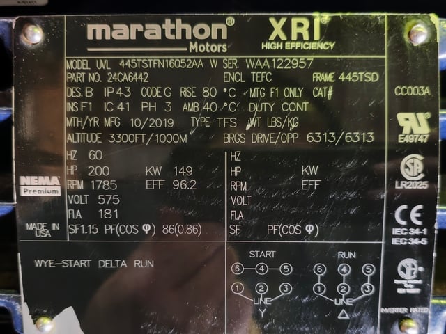200 HP 1800 RPM Marathon, Frame 445TSD, TEFC BB, 575 Volts, New Surplus - Image 3