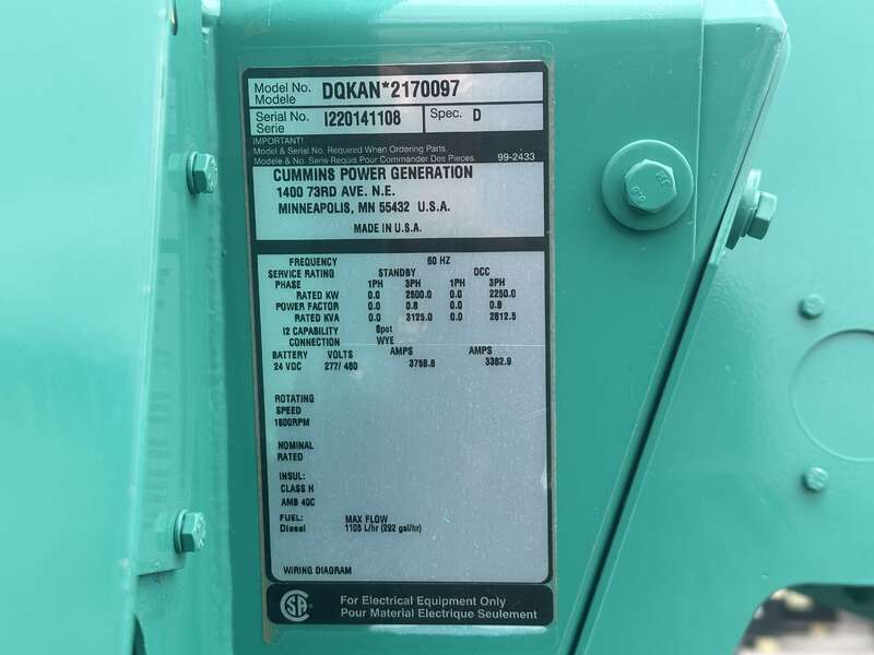 2500 KW Cummins #DQKAN, diesel generator set, 277/480 Volts, 3640 HP @ 1800 RPM, QSK60-G19 NR2 engine, EPA - Image 7