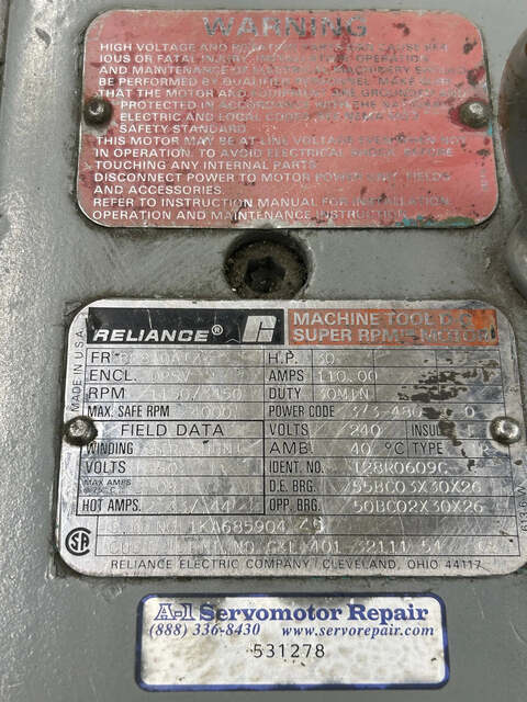 30 HP RPM 1150/3450 Reliance Electric DC Motor 8810ATZ - 240 Volts 110 Amps - Image 4