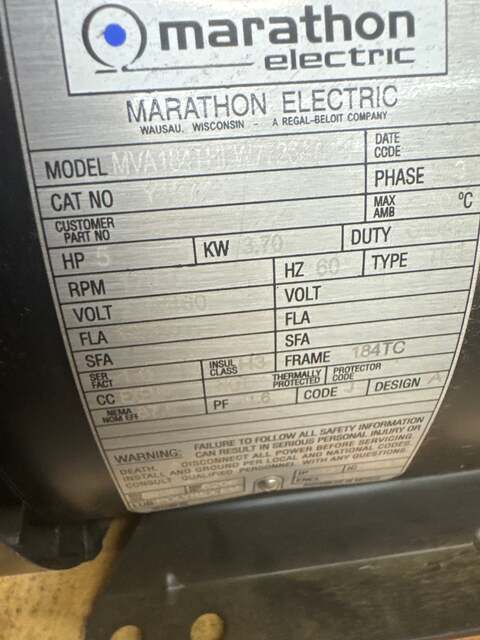 5 HP 1800 RPM Marathon Electric Inverter Duty AC Motor Y1372 / 184THFW7726 - Image 5