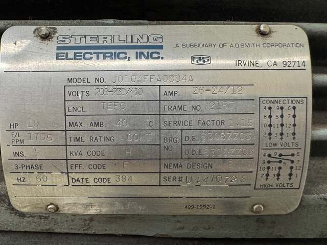 10 HP 1800 RPM Sterling Electric AC Motor J0104FFA0884A - Image 5
