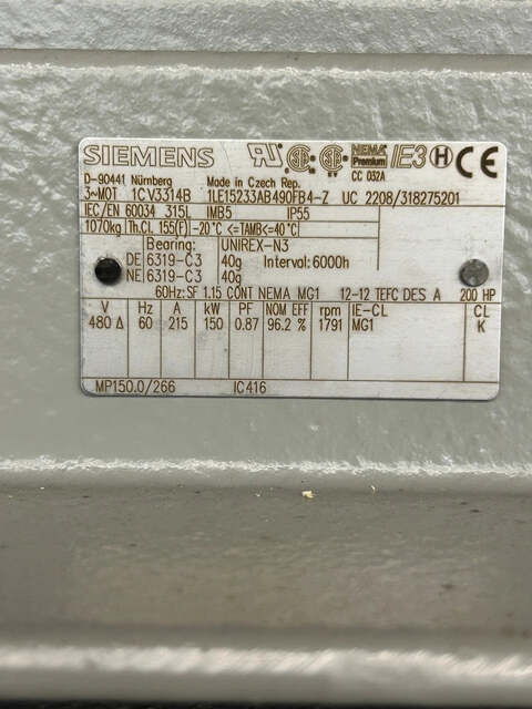 200 HP 1791 RPM Siemens, AC Induction Motor, Frame 315L, 480 Volt - Image 4