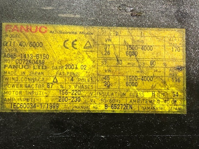 45 KW Fanuc #A06B-1413-B150, servo motor, 196 amp, 1500-4000 rpm, needs refurbish - Image 1