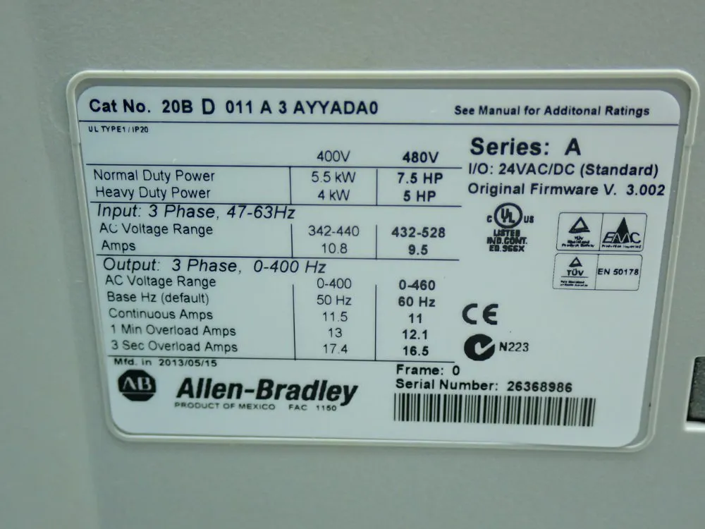 Allen-Bradley #20BD011A3AYYADA0, AC Drive Unit, 3 Phase, 60 Hz, 7.5 HP, 11 Amps, 480 VAC - Image 8