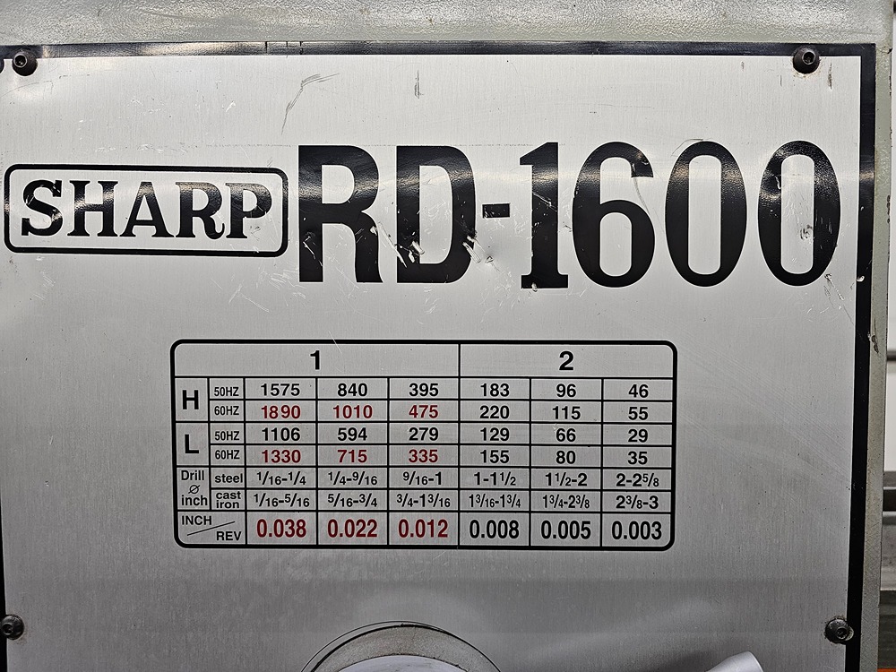 5' -17" Sharp #RD-1600, Radial Drill Press, 27.62" L x 19.62" width x 15.75" H table, 2.63" cast iron - Image 6