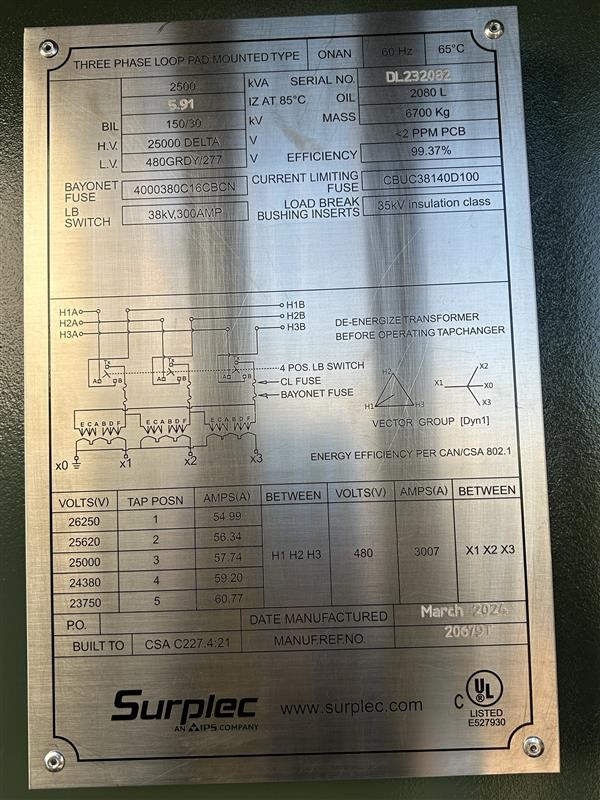 2500 KVA 24940 Delta Primary, 480Y Secondary, Daelim, Station - Image 5