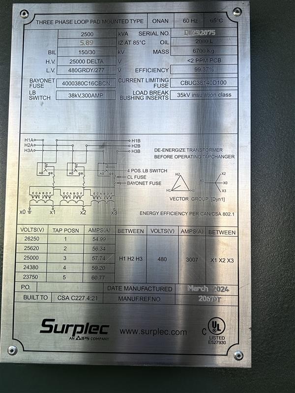 2500 KVA 24940 Delta Primary, 480Y Secondary, Daelim, Station - Image 5