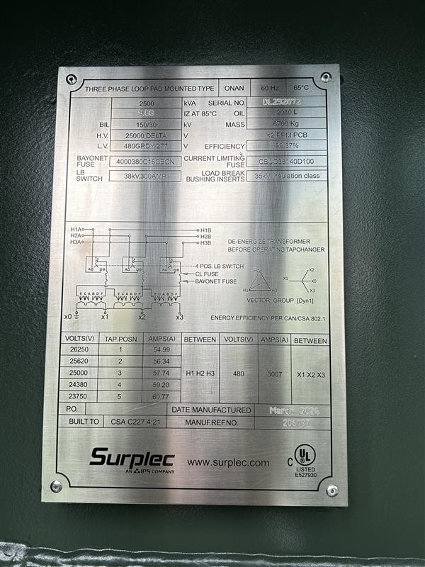 2500 KVA 24940 Delta Primary, 480Y Secondary, Surplec, Station - Image 2