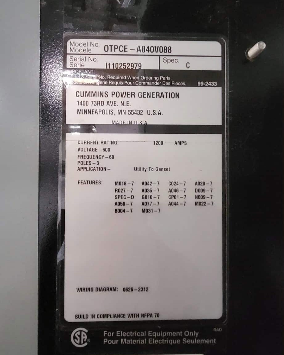 1200 Amp. Cummins OTPCE-A040V088, Automatic Transfer Switch, 3 pole, NEMA 3R enclosure, 600 Volt, 3PH, 2011 - Image 6