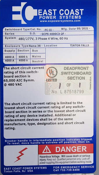 4000 Amp. East Coast Power Systems, Automatic Transfer Switch, NEMA 3R enclosure, 277/480 Volt, 3PH - Image 2