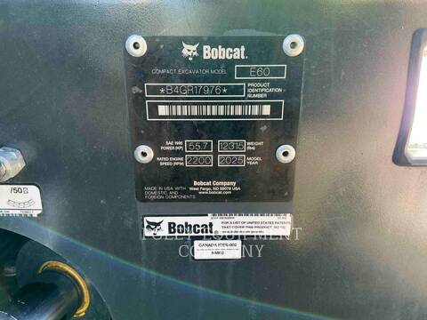 Bobcat E60, 255 hours, S/N: B4GR17976, 2025 - Image 5