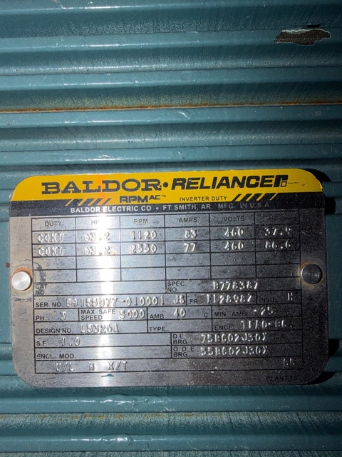 63.2 HP 1120/2550 RPM Baldor, Frame 112898Z, Inverter/ Vector Duty, 460 Volts, unused - Image 1