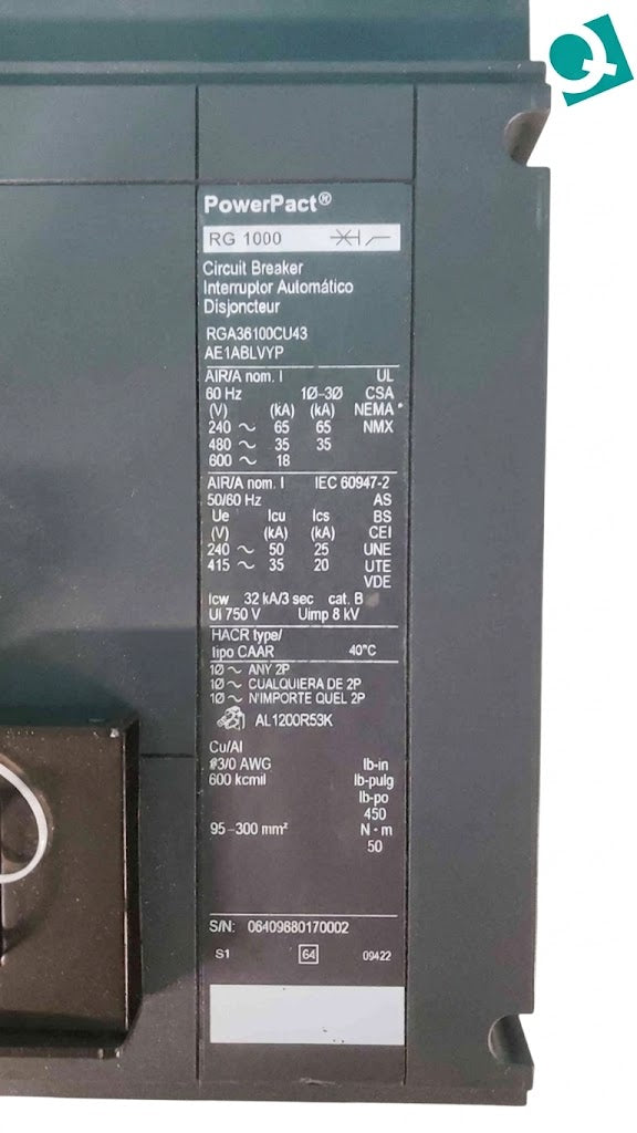 1000 Amp. Square D PowerPact #RGA36100CU43AE1ABLV.YP, I-Line Breaker, Micrologic 5.0A, 3P, 600 Volts - Image 7