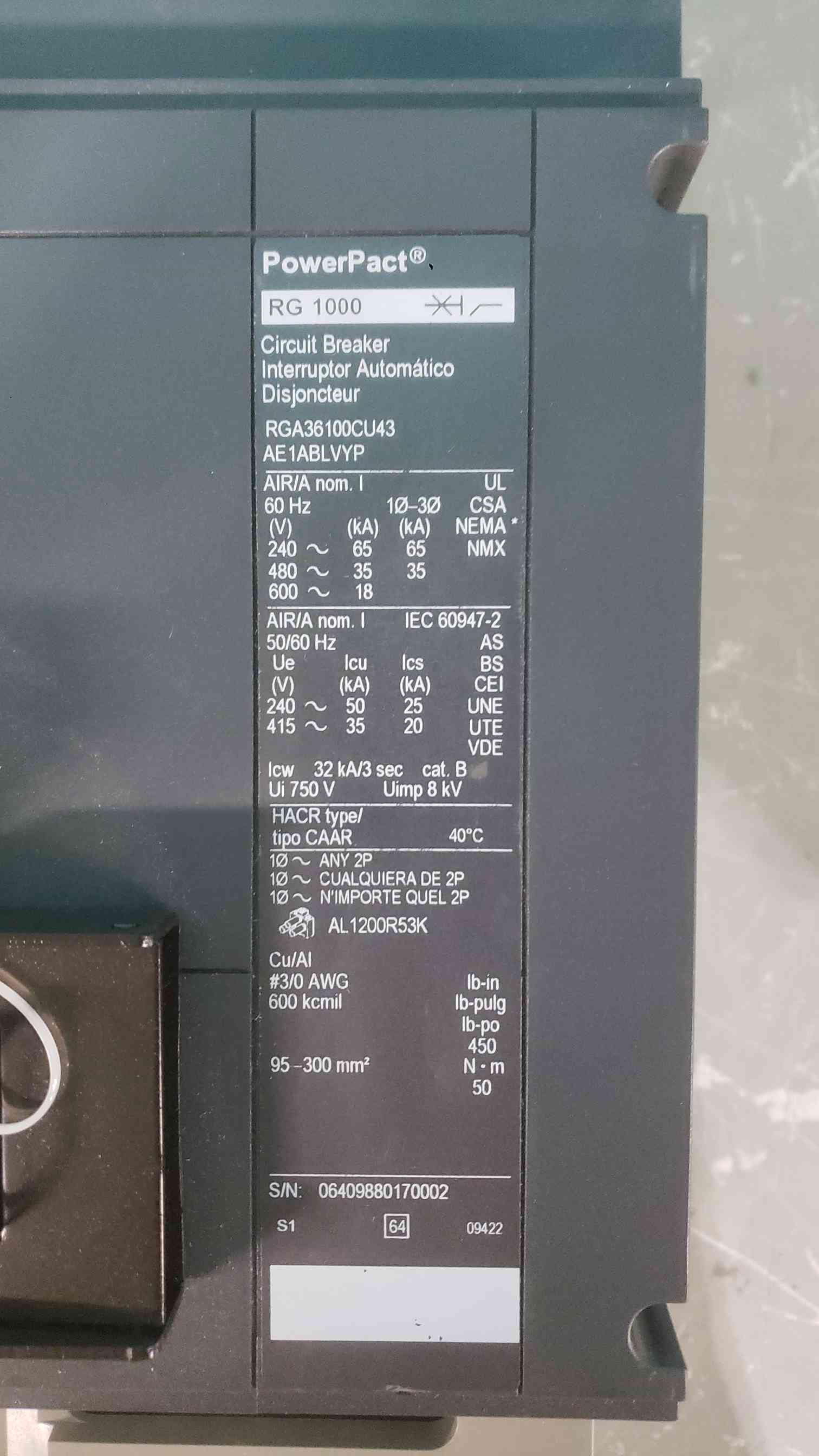 1000 Amp. Square D PowerPact #RGA36100CU43AE1ABLV.YP, I-Line Breaker, Micrologic 5.0A, 3P, 600 Volts - Image 8