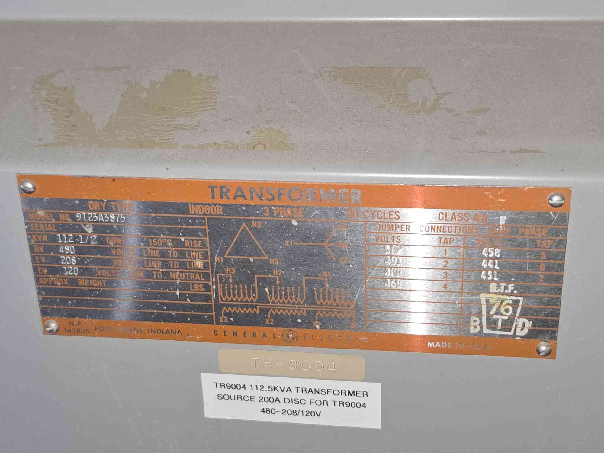112.5 KVA, 480 Primary, 208Y/120 Secondary General Electric #9T23A3875, Dry Type Transformer, 3 Phase - Image 5