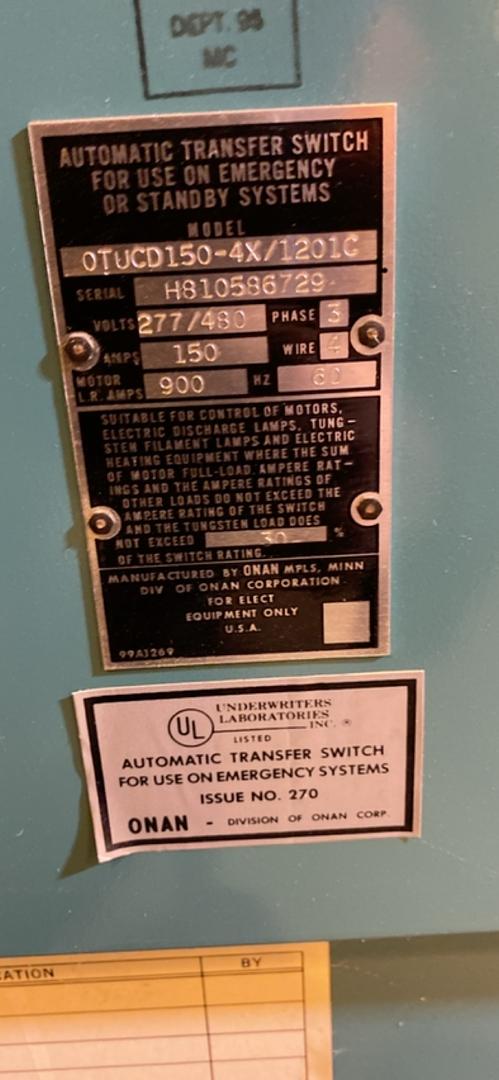 150 Amp. Onan OT Series #OTUCD150-4X/1201C, Automatic Transfer Switch, 480 Volts - Image 2