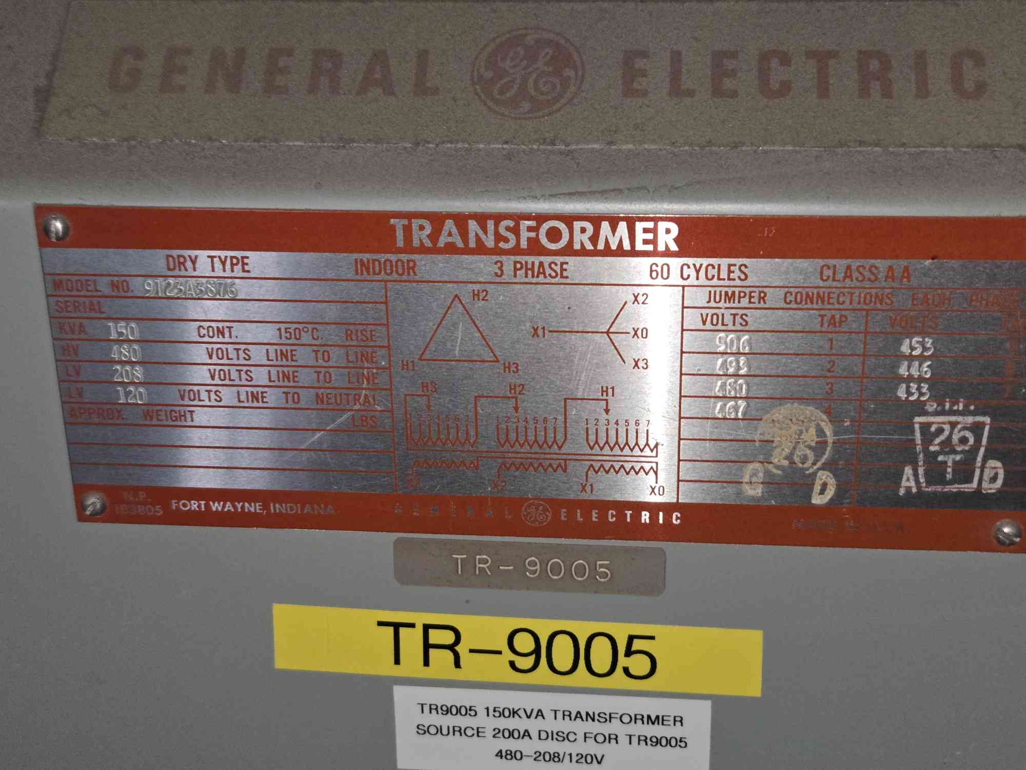 150 KVA, 480 Primary, 208/120 Secondary General Electric #9T23A3876, Dry Type Transformer, 3 Phase, 60 Hz - Image 4
