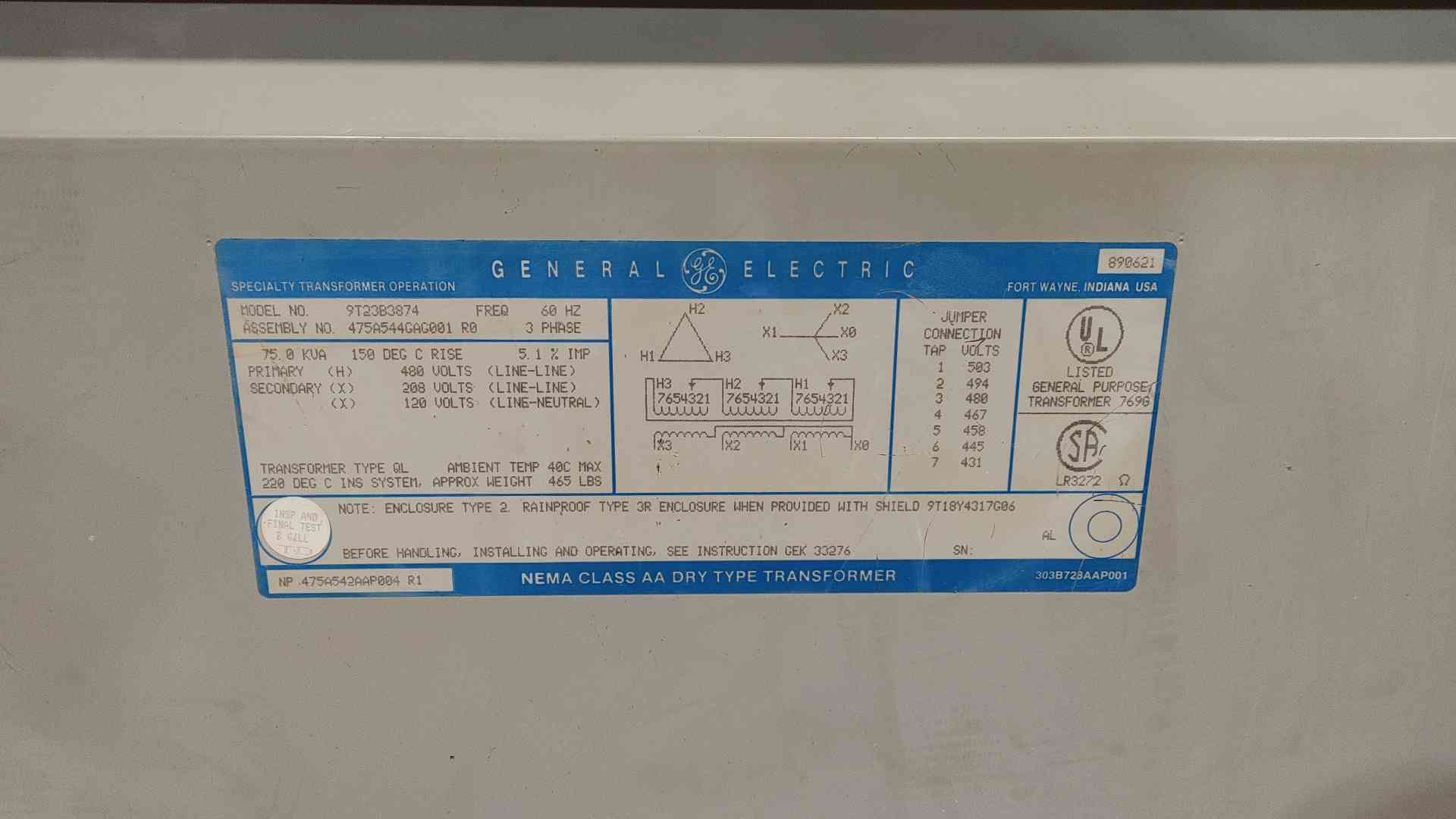 150 KVA, 480 Primary, 208/120 Secondary General Electric #9T23B3874, Dry Type Transformer, 3 Phase - Image 5