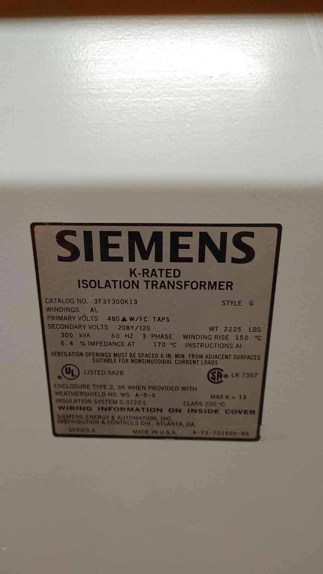 300 KVA, 480 Primary, 208Y/120 Secondary Siemens #3F3Y300K13, Dry Type Transformer, 3 Phase - Image 7
