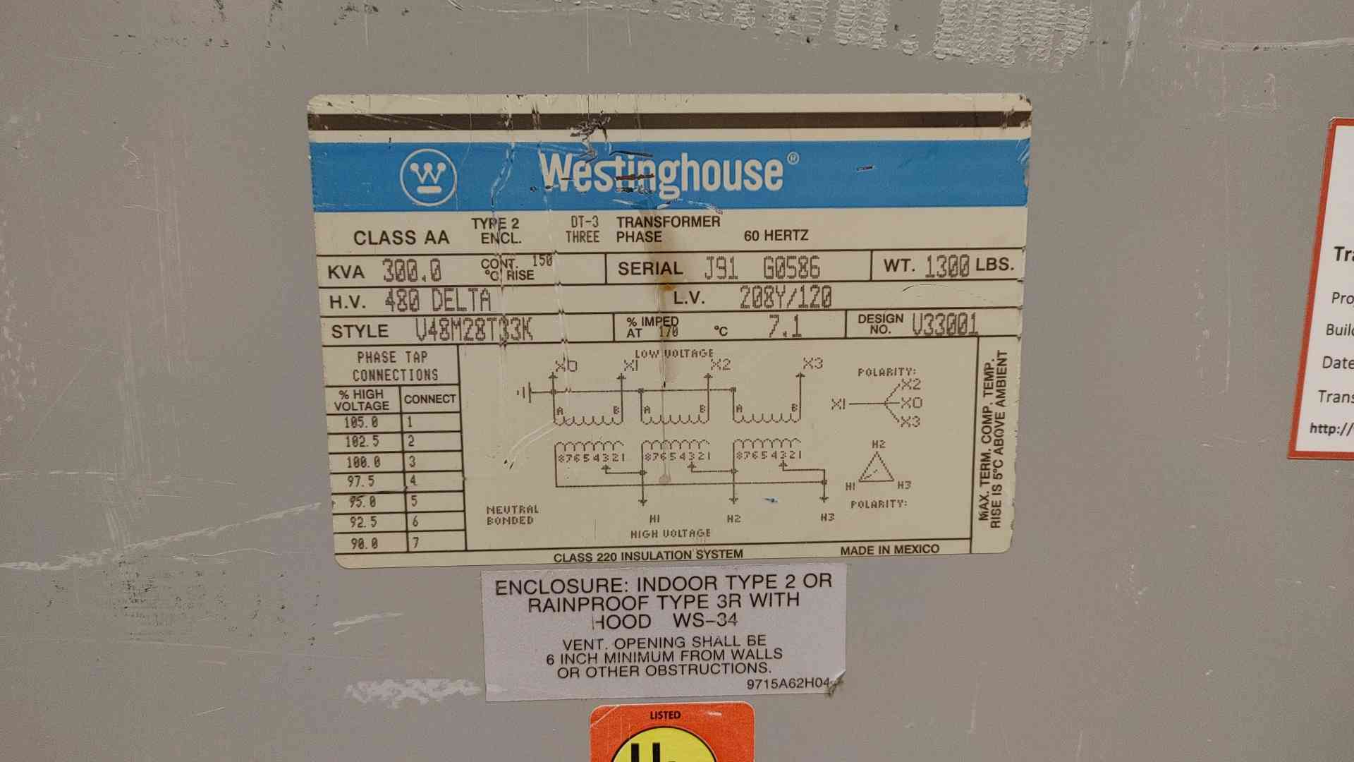 300 KVA, 480 Primary, 208Y/120 Secondary Westinghouse #V.48M28T33K, Dry Type Transformer, 3 Phase - Image 4
