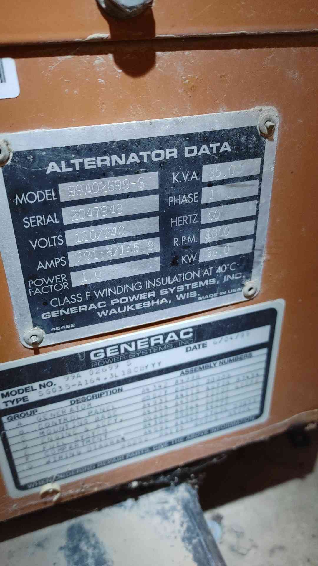 35 KW Generac #SG035, Natural Gas / LP Generator, 1 Phase, 120/240 Volts, 1214 Hrs, Tested - Image 10