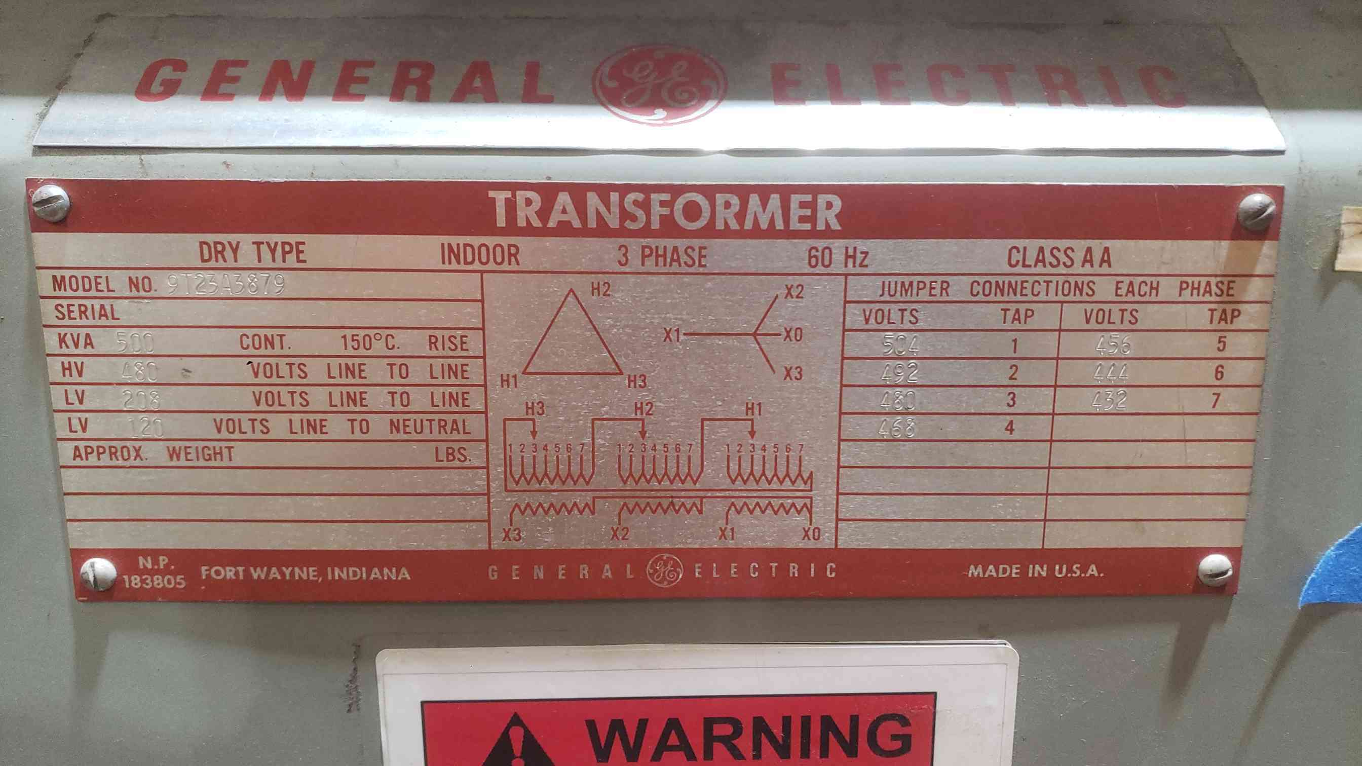 500 KVA, 480 Primary, 208/120 Secondary General Electric #9T23A3879, Dry Type Transformer, 3 Phase - Image 2