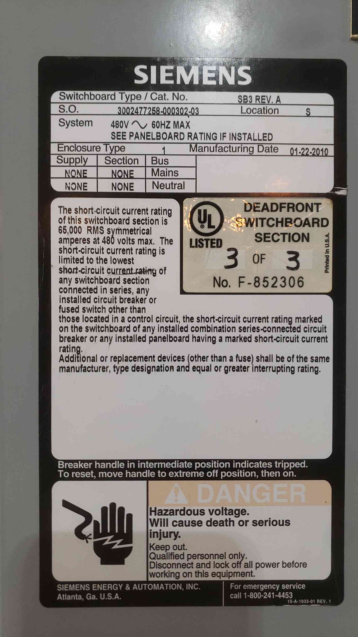 Siemens SB3, Switchboard, 45 KVA Transformer, P1 Panelboard, NGB Breakers, 480 Volts, 3 Phase, 2010 - Image 4