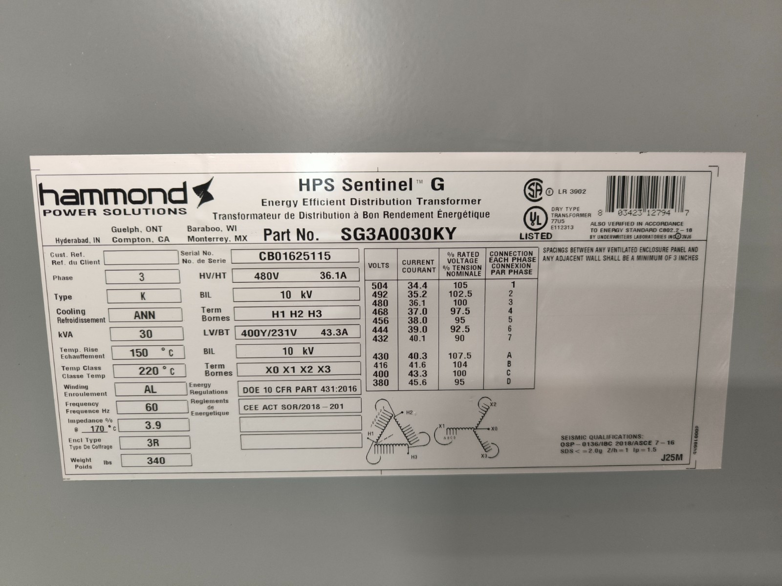 30 kVA, 480 Primary, 400Y/231 Secondary Hammond #SG3A0030KY, HPS Sentinel Transformer, 63.1-43.3A, 3PH - Image 2