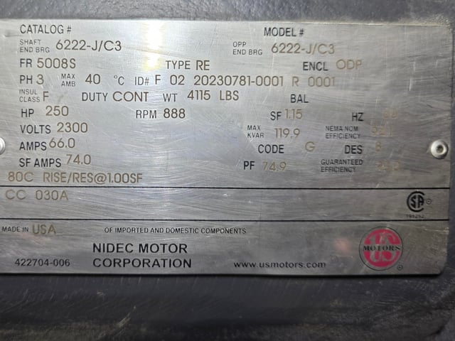 250 HP 900 RPM U.S. Motors, Frame 5008S, Drip-Proof Ball Bearing, 2300 Volts, New Surplus - Image 3
