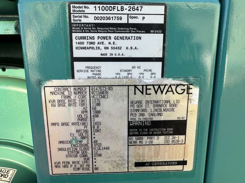 1100 KW Cummins #DFLB, diesel generator set, 277/480 Volts, 2269 hours, 1620 HP @ 1800 RPM, KTA50-G2 engine - Image 9