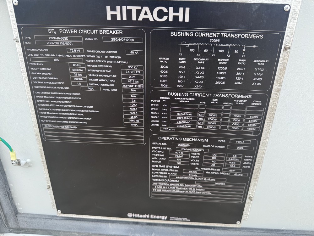 3000 Amps, Hitachi, service factor 6 SF6, Power Circuit Breaker/72.5 KV/72PM40-30SD, new - Image 6