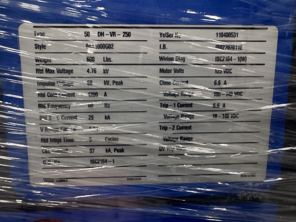 Eaton VR-Series Vacuum Breaker/50 DH-VR-250 Circuit Breaker - 4.76 KV,, 1200A, 29 KA - 125 VDC Controls - Image 2