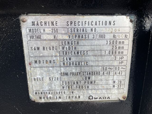 10" x 11" Amada #HA-250, Horiz Band Saw, 1" x 0.037" x 11' 6" blade, 5 HP, 27-250 FPM, 1996 - Image 5