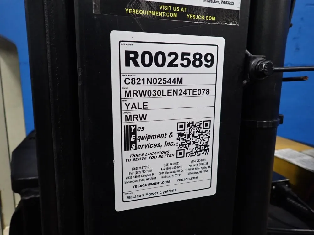 2800 lb. Yale #MRW030LEN24TE078, Electric Straddle Lift, 4" x 42" Forks, 130" Load height, 24" Load Center - Image 3
