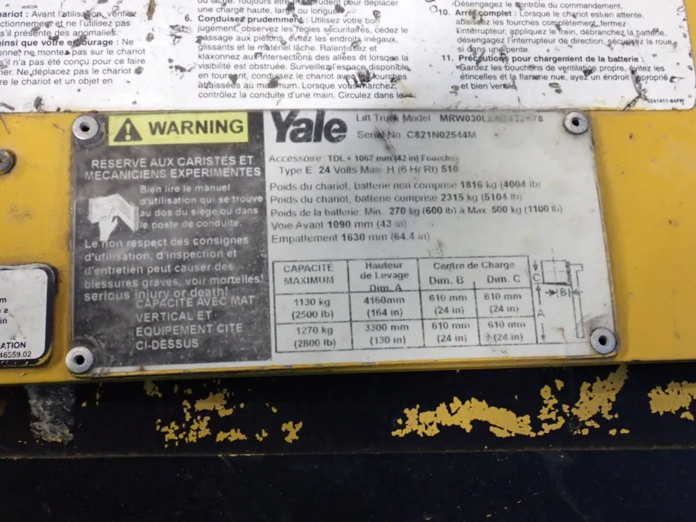 2800 lb. Yale #MRW030LEN24TE078, Electric Straddle Lift, 4" x 42" Forks, 130" Load height, 24" Load Center - Image 6