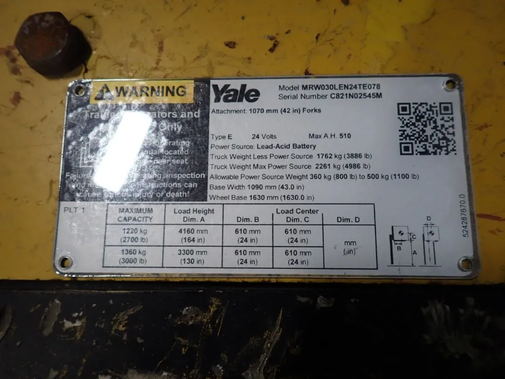 3000 lb. Yale #MRW030LEN24TE078, Electric Straddle Lift, 4" x 42" Forks, 130" Load height, 24" Load Center - Image 6