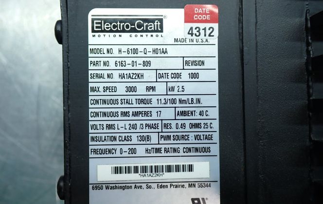 2.5 KW Electro-Craft #H-6100-Q-H01AA, Brushless Servo Motor, 3 Phase, 3000 RPM, 17 Amps, 240 V, No Box, New - Image 7