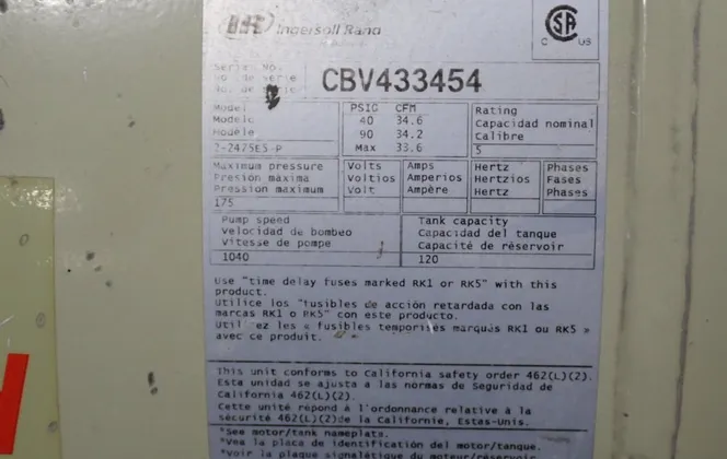 33.6 cfm, 175 psig, Ingersoll-Rand #2-2475E5-P, Air Compressor, 120 gallon Tank, 3 & 5 HP, 1465/1750 RPM - Image 7