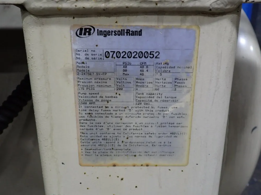 48 cfm, 175 psig, Ingersoll-Rand #2-2475E7.5V-FP, Air Compressor, 120 gallon Tank, 7.5 HP, 1770 RPM, 230/460 - Image 9