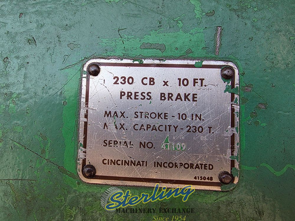 230 Ton, Cincinnati #230CB10, CNC hydraulic press brake, 12' overall, 10" stroke, 8" throat, 17" open - Image 9