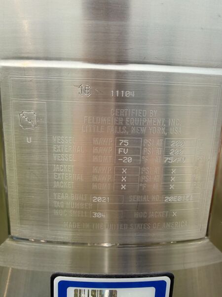 50 gallon Feldmeier, Stainless Steel Jacketed Vertical Pressure Tank, 75 psi @ 200&deg;F, 2021 - Image 2