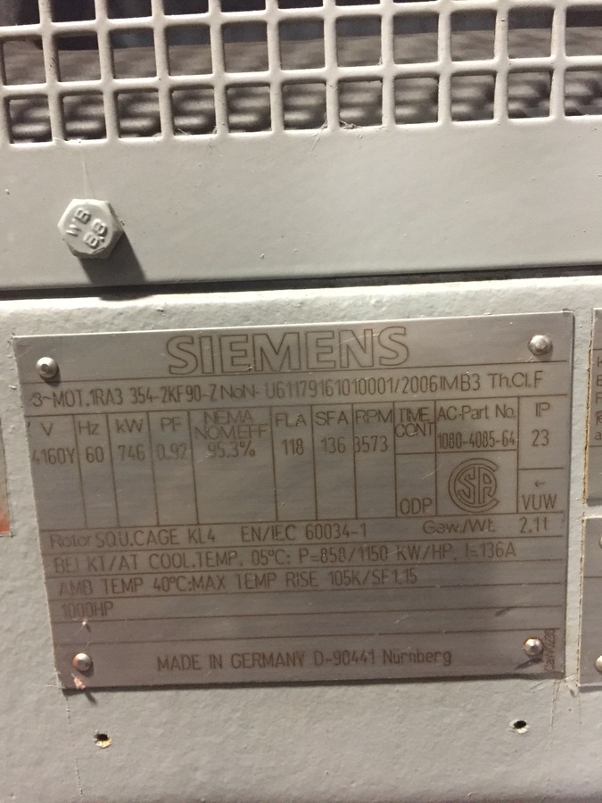 1000 HP 3573 RPM Siemens, Frame 355,4160V. A.C. p/n 1080-4085-64 unused - Image 2