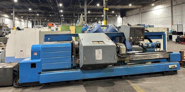 Mazak #M5x3000U, CNC lathe, Mazatrol T32-2 Control, 24" swing, 126" centers, 4-jaw 18" chuck, 4" bar, 1990 - Image 2