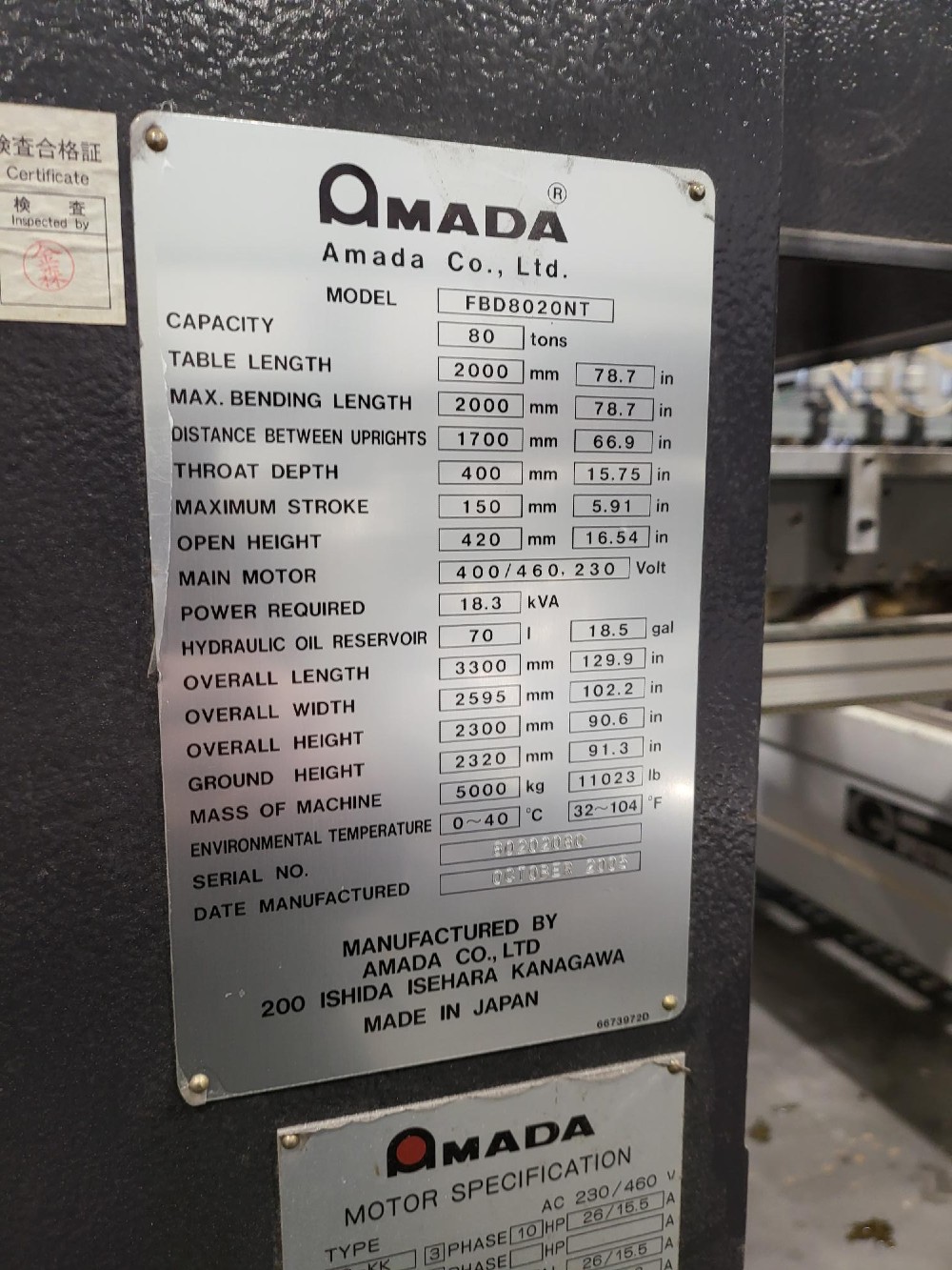 80 Ton, Amada #FBD-8024NT, CNC press brake, 6.5'OA, 66.9" between housing, 5.91" stroke, 15.75" throat - Image 5