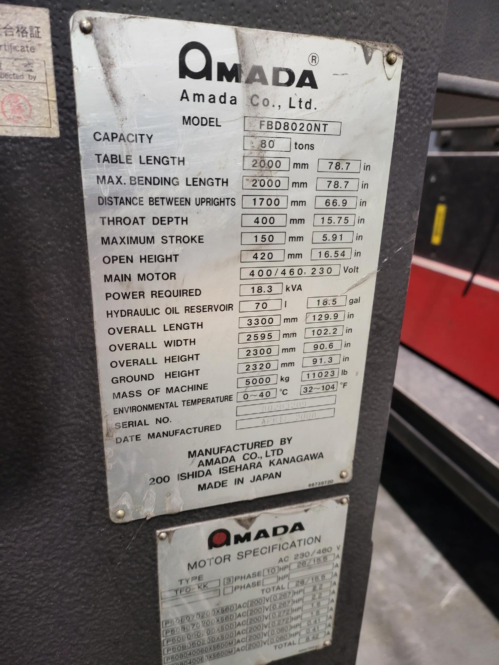 80 Ton, Amada #FBD-8020NT, CNC press brake, 6.5'OA, 66.9" between housing, 5.91" stroke, 15.75" throat - Image 2