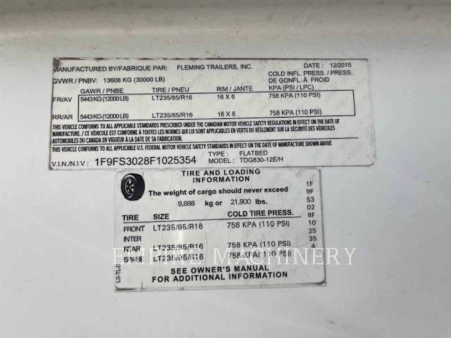 Miscellaneous Mfgrs GOOSENECK, Trailer, S/N: 1F9FS3028F1025354, 2015 - Image 3