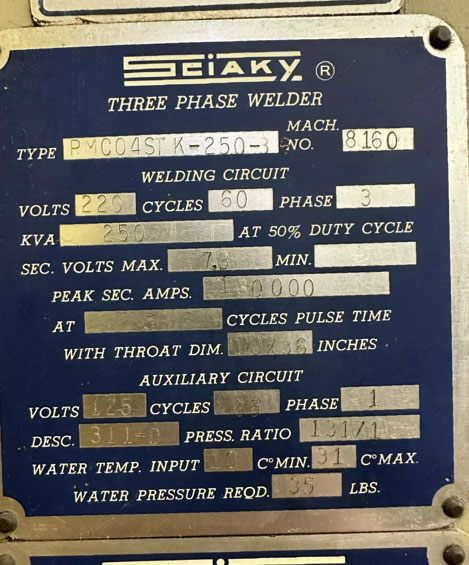 250 KVA Sciaky #PMCO4STK-250-36, press type spot welder, 36" throat,, 460/3/60V., Intertron MC302A Micro - Image 2