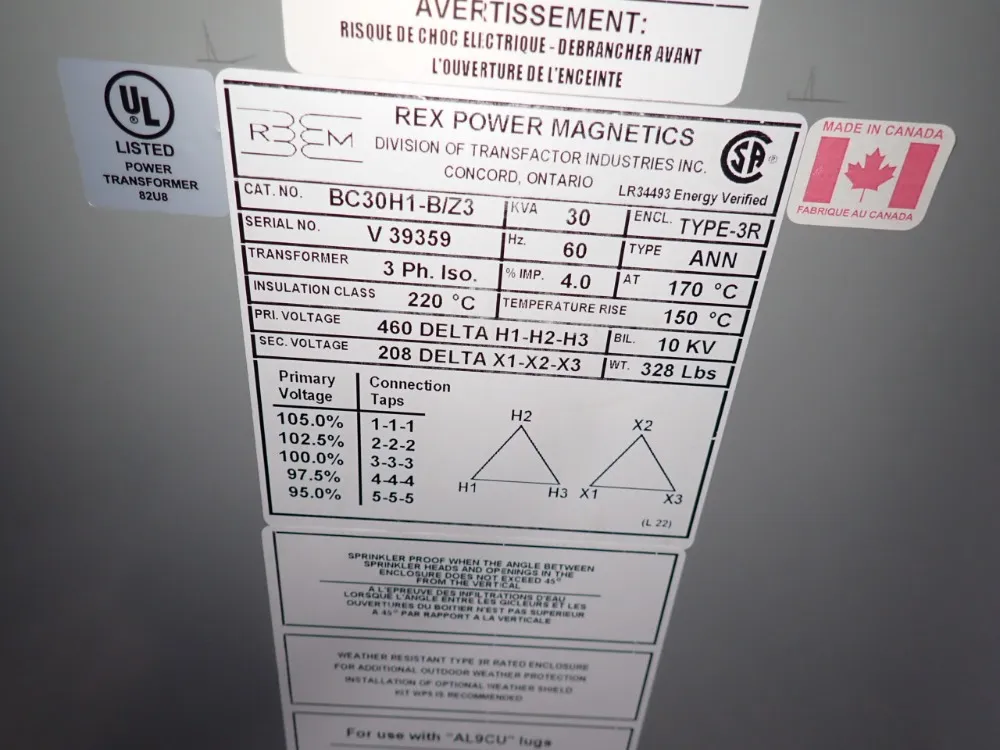 30 KVA, 460 Delta Primary, 208 Delta Secondary Rex #BC30H1-B/Z3, Transformer, 3ph, Type 3R - Image 8